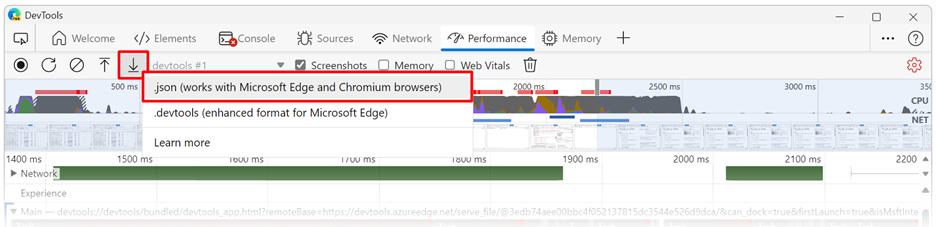 Performance tool in Edge, showing the export Enhanced Trace menu item.