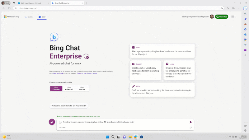 A GIF of the bing.com/chat homepage, which shows suggested prompts, search bar, and a teacher signed in.