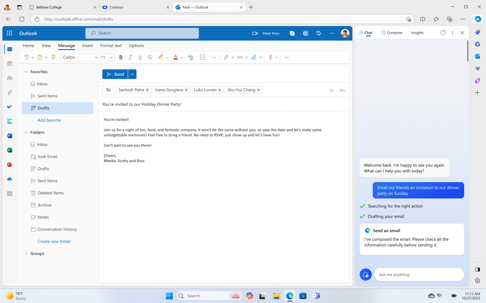 Microsoft Edge, with Outlook in a tab, Copilot in Edge is in the sidebar and composed an email text