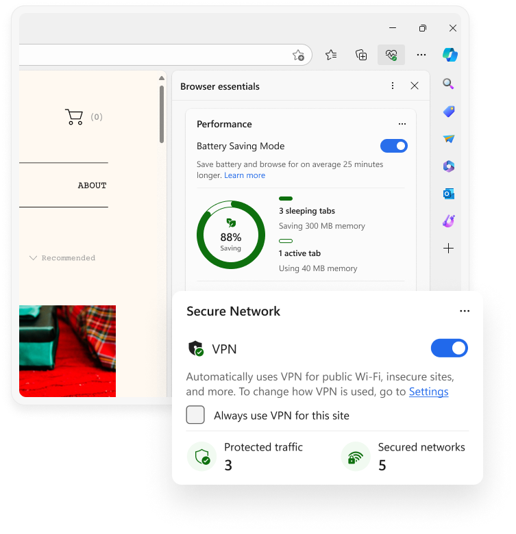The browser essentials sidebar in Microsoft Edge, showing the Secure Network section