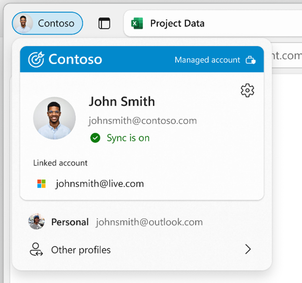 An image of Contoso company branding. The Contoso name appears next to the user’s profile photo and the Contoso name and brand colors appear in the profile flyout