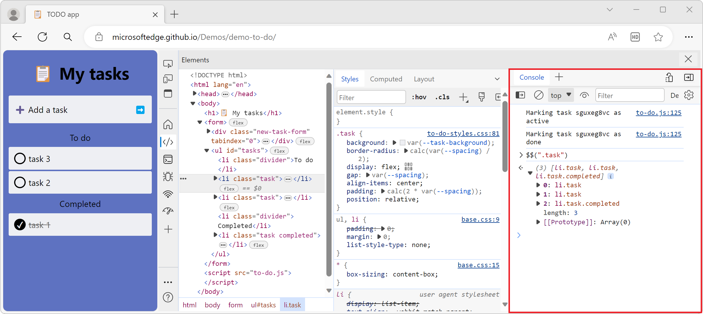 The Elements tool in DevTools, the Quick View is also shown, vertically, to the right of the Elements tool, and contains the Console tool