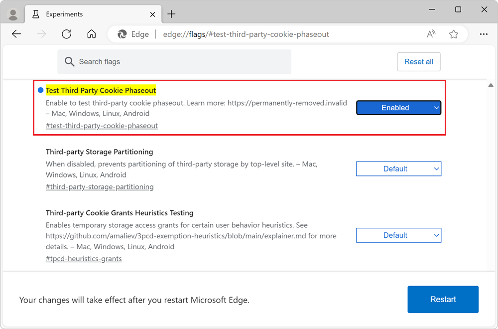 Edge flags page, showing the third-party phaseout flag