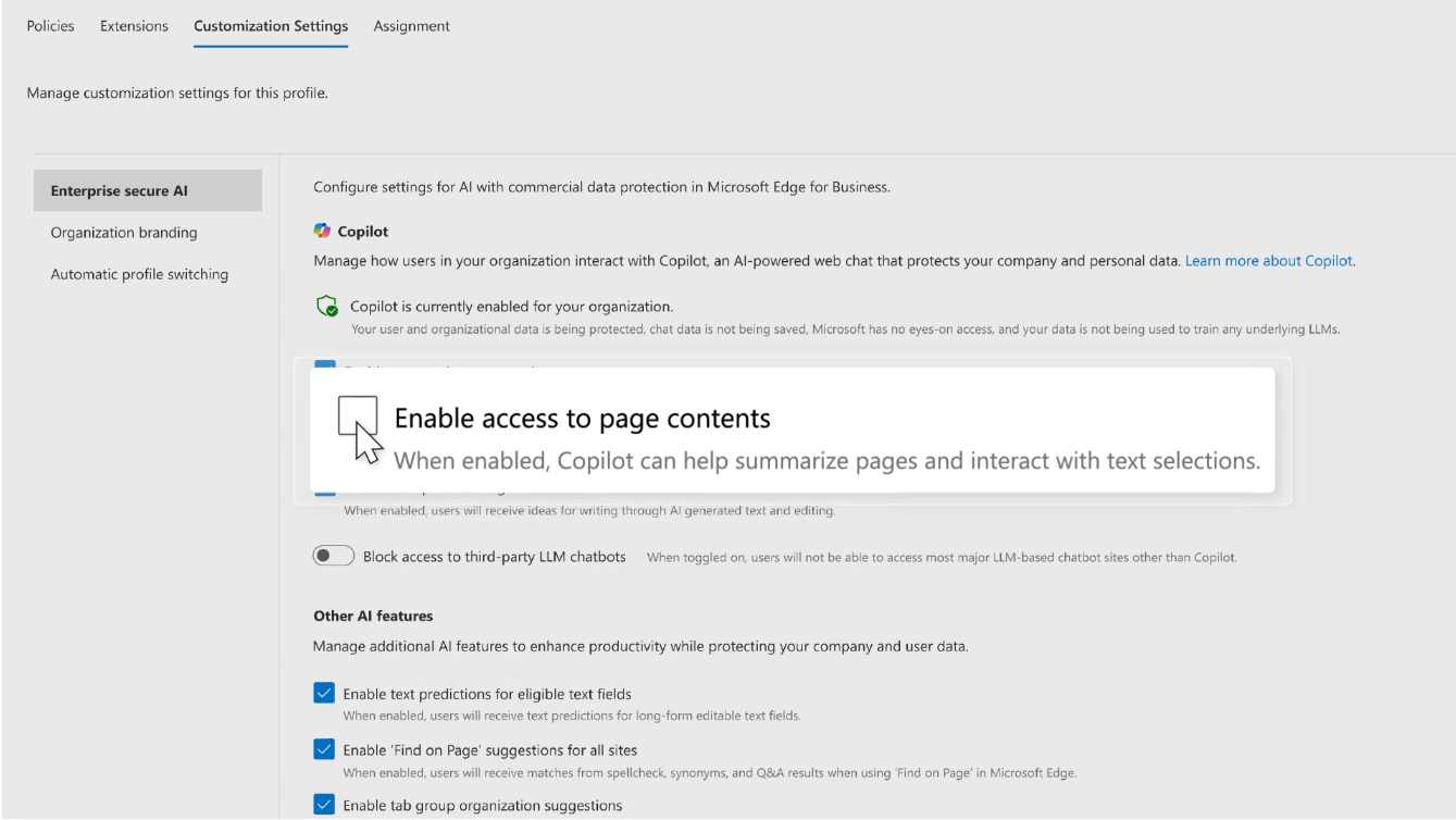 EMS enterprise secure AI settings screen