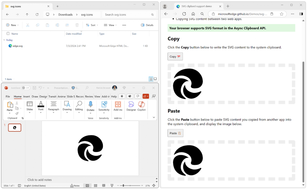 An SVG file in Windows Explorer, next to a PowerPoint window, where the image was pasted, and next to Edge, where the image was also pasted in a webpage.