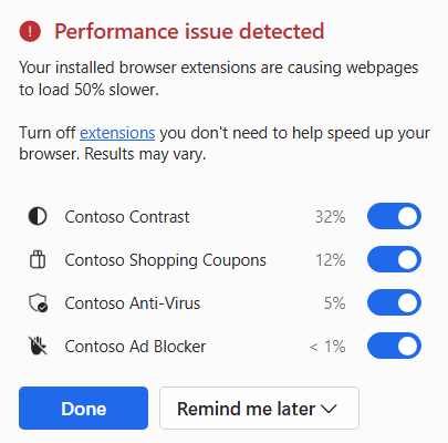 The extension performance detector UI, showing that multiple extensions are causing performance issues