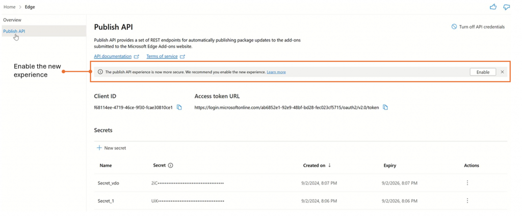 The Publish API page in Partner Center, showing the current experience, which uses Client ID and access token URL