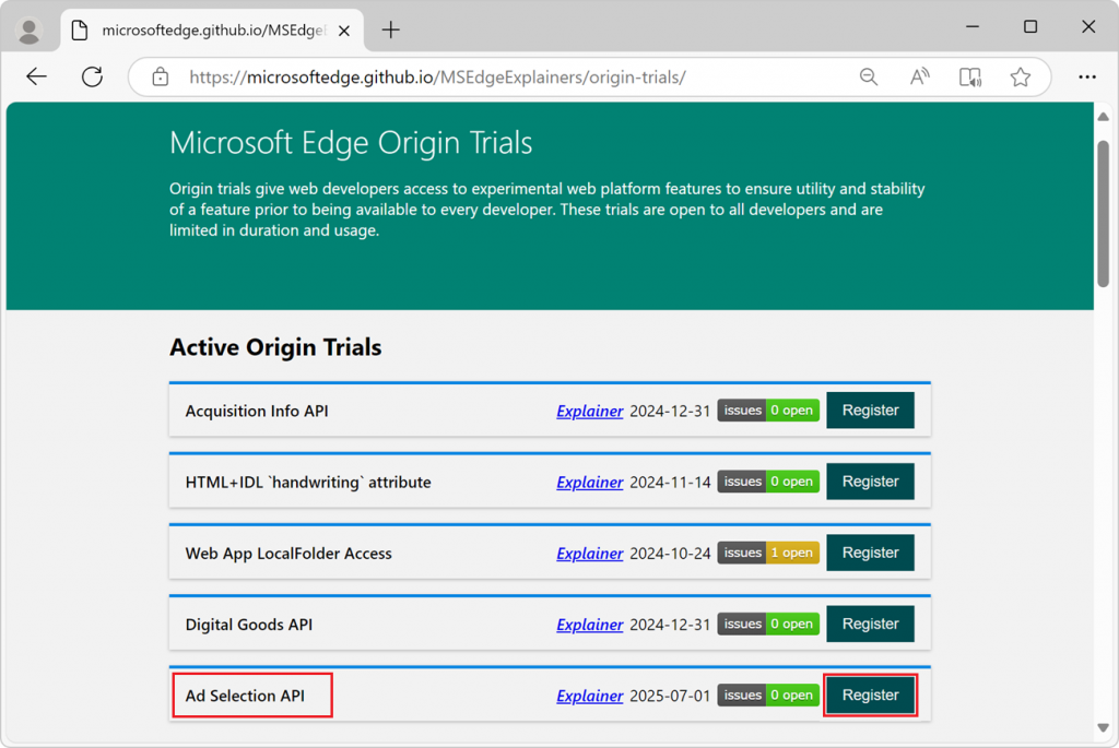 The Microsoft Edge Origin Trials page, showing the new Ad Selection API origin trial.