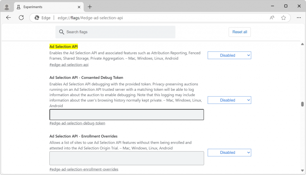 The edge://flags page, showing the Ad Selection API flag which users can enabled to opt-in to the API.