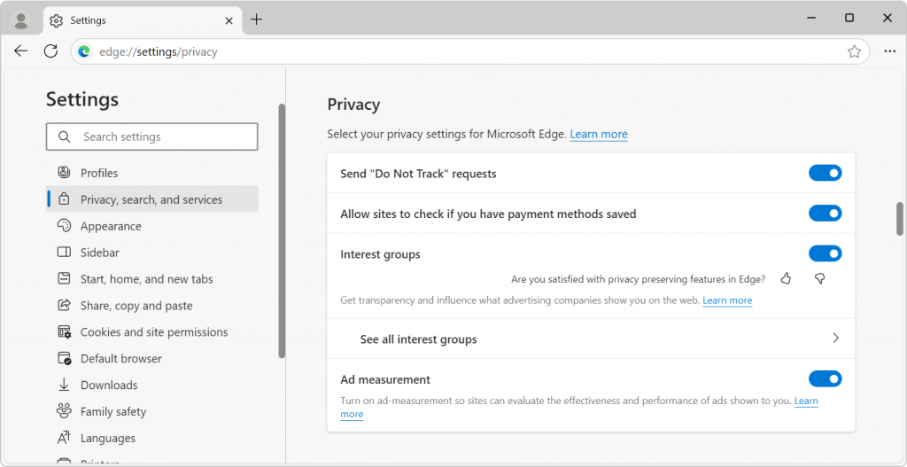 The Privacy settings page in Microsoft Edge, showing user settings for the Ad Selection API.