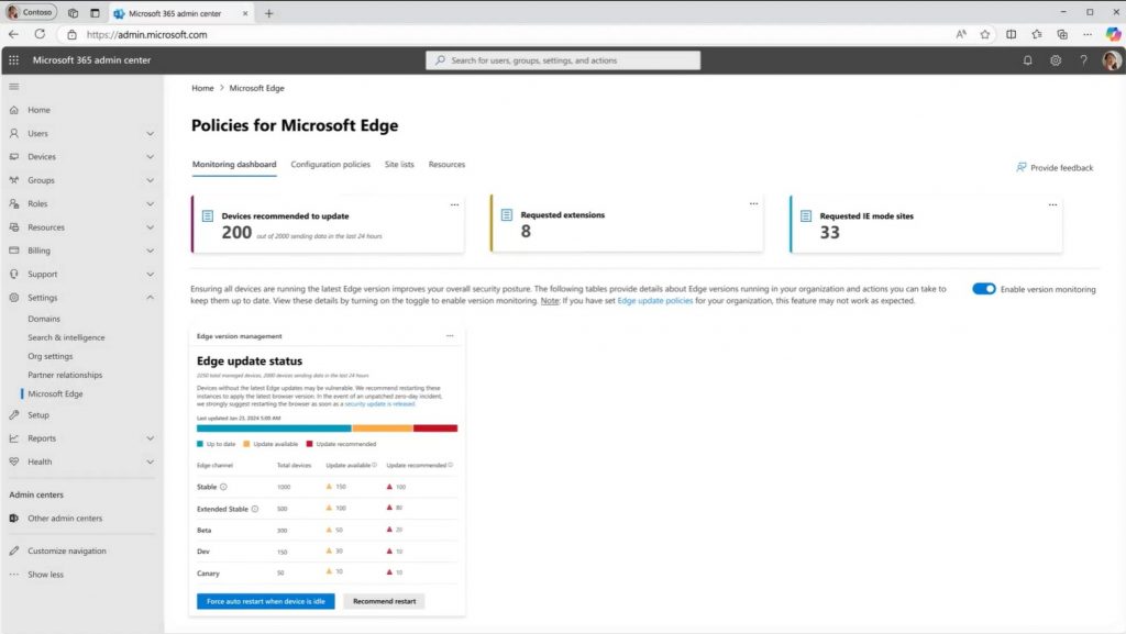 admin's view in the Edge management service of the Edge update status across their organization