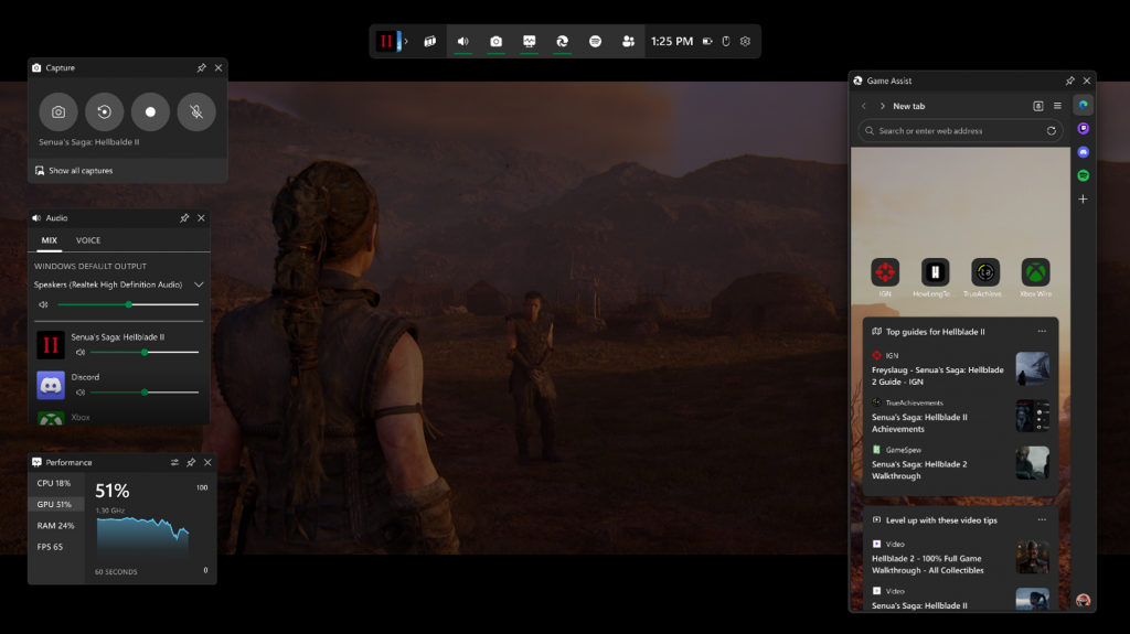 A full screen video game capture, showing the Game Bar overlay on top of it, which includes the Edge Game Assist sidebar widget