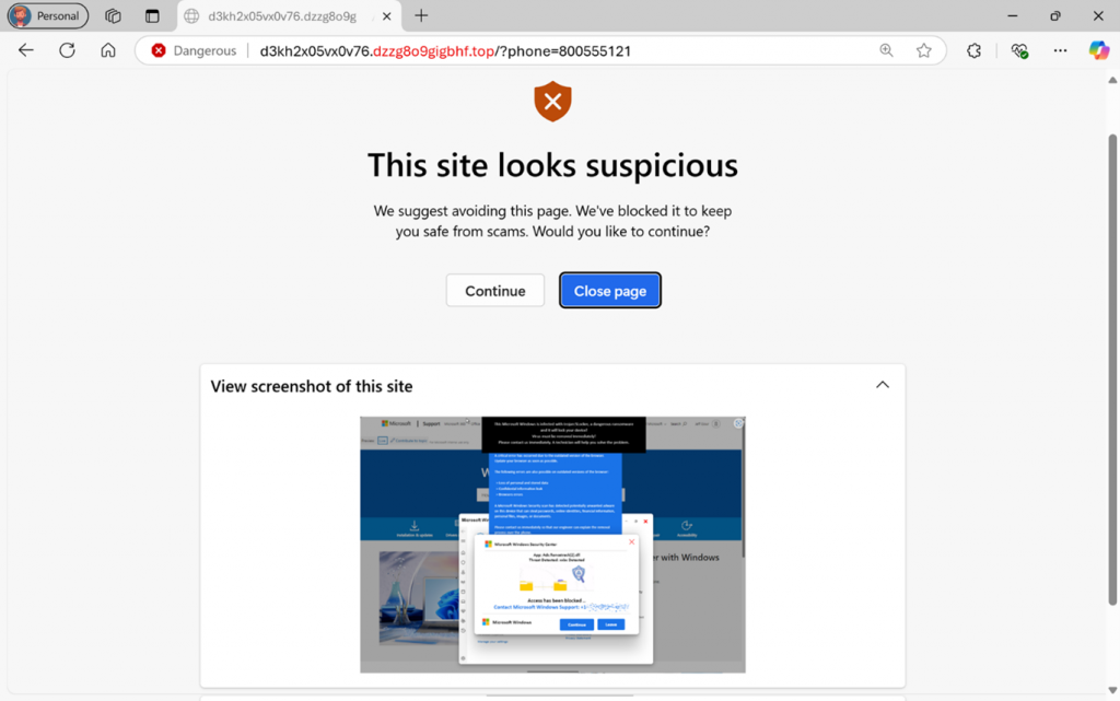 The scareware blocker page in Edge. It shows a message saying that the page was blocked, allows the user to either continue or close the page, and shows a screenshot of the page.