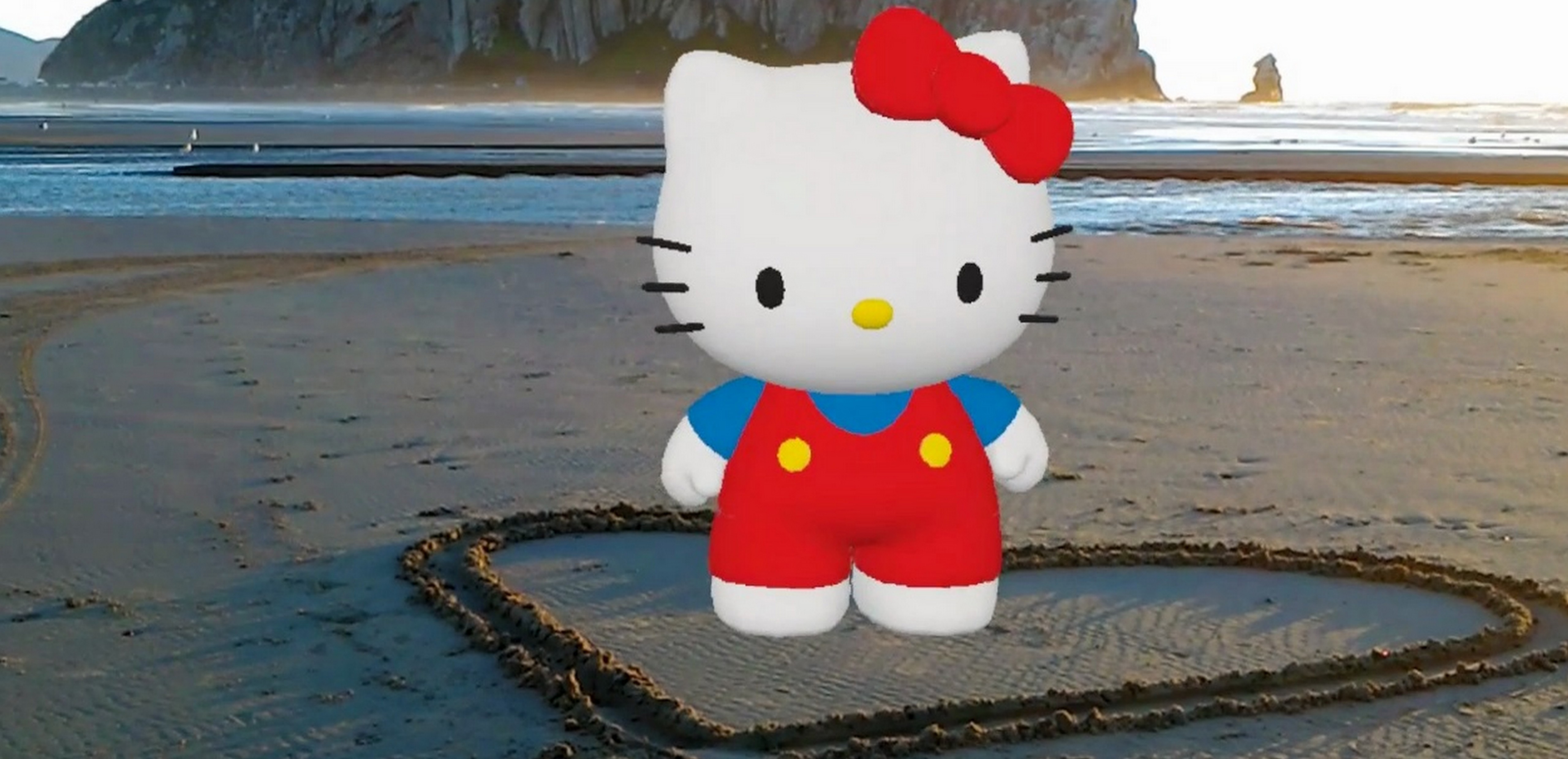 Hello Kitty standing on a beach