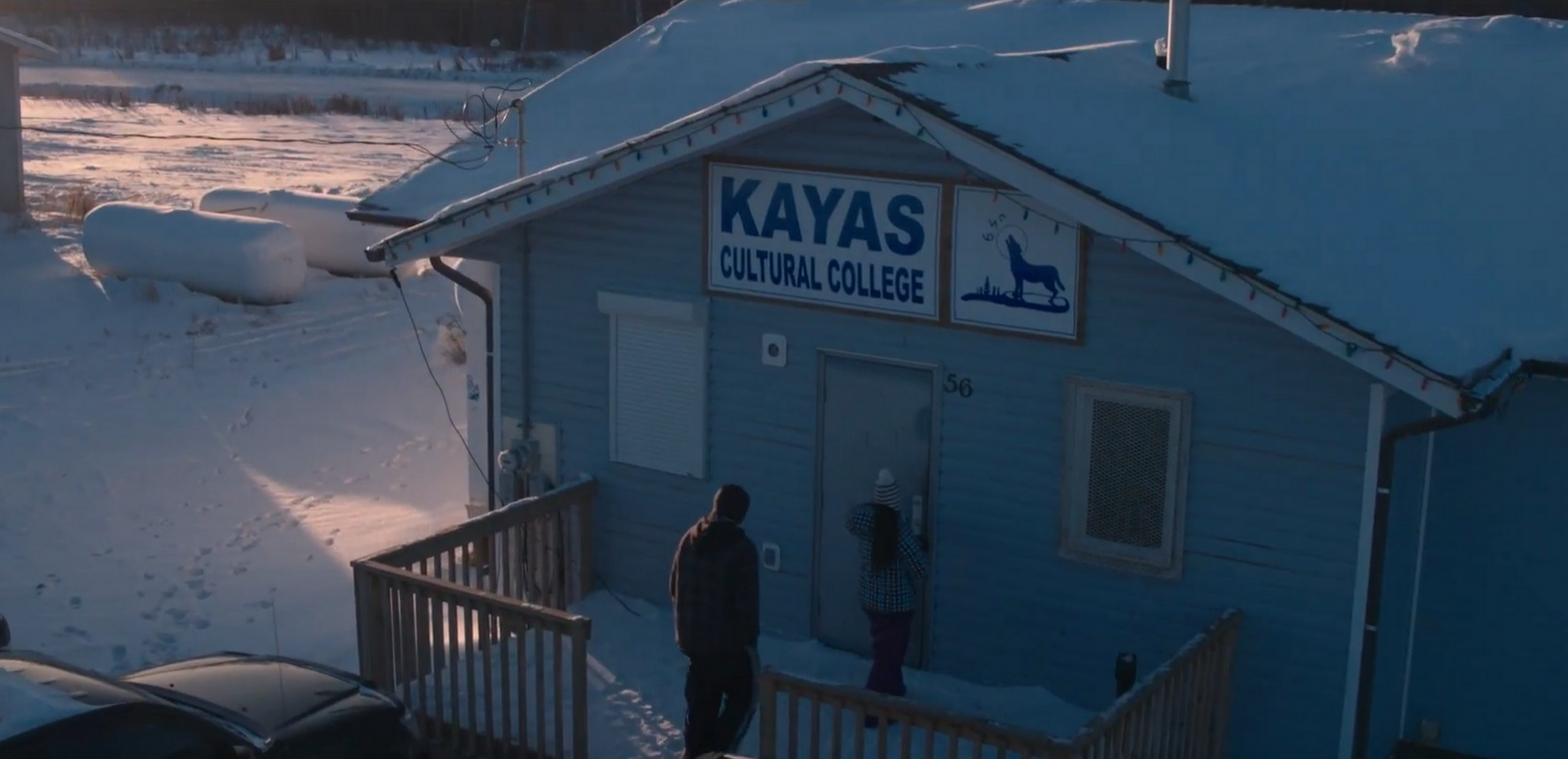 Outside of Kayas College, which is covered in snow