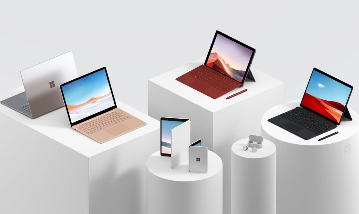 A collection of Microsoft devices on display