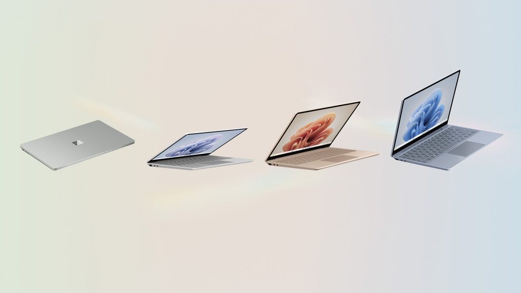 Four Surface Laptop Go 3 devices in a row
