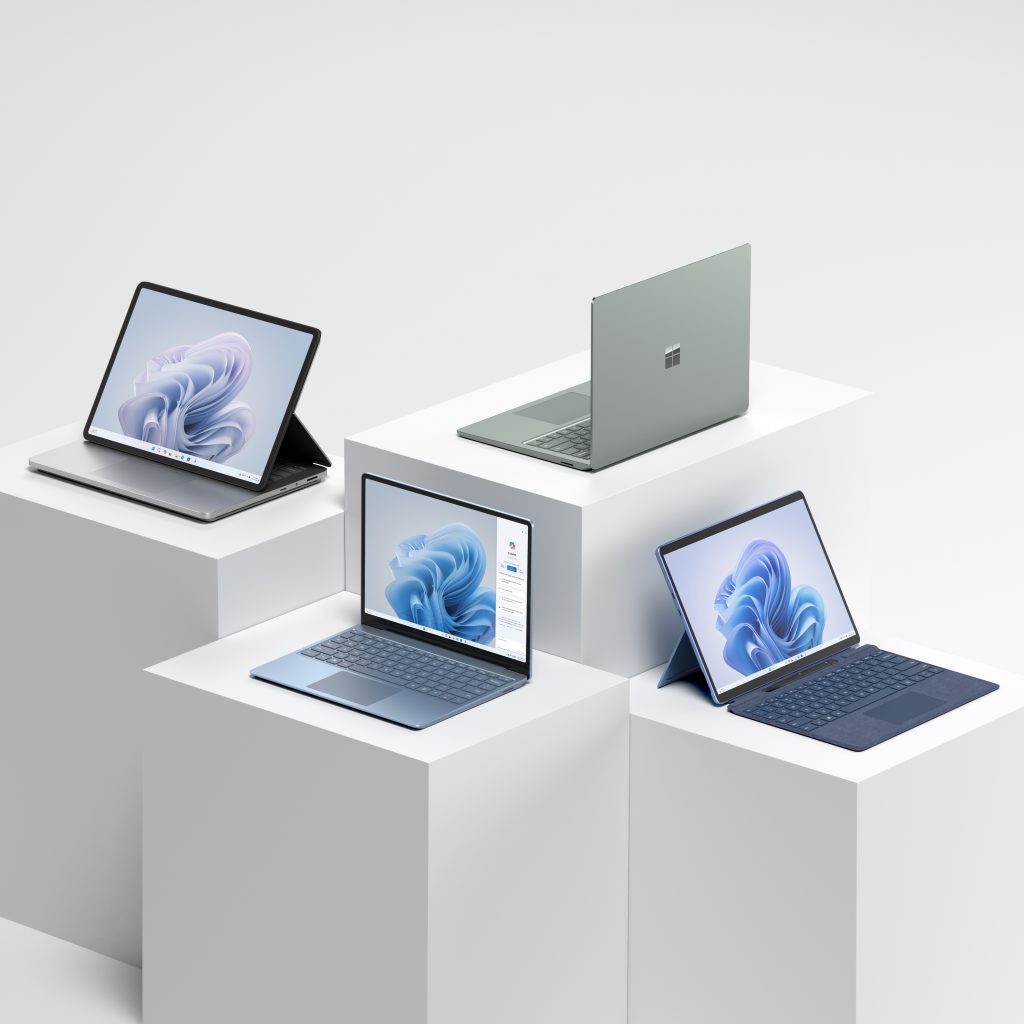 Surface Laptop Studio 2 (Platinum), Surface Laptop Go 3 (Ice Blue), Surface Laptop 5 (Sage) and Surface Pro 9 (Sapphire)