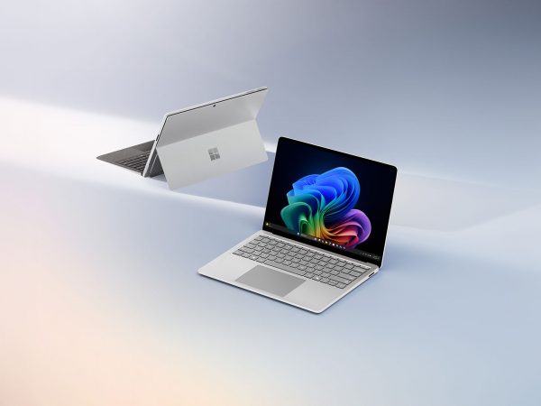 Two Surface devices, one forward facing and the other view from the side