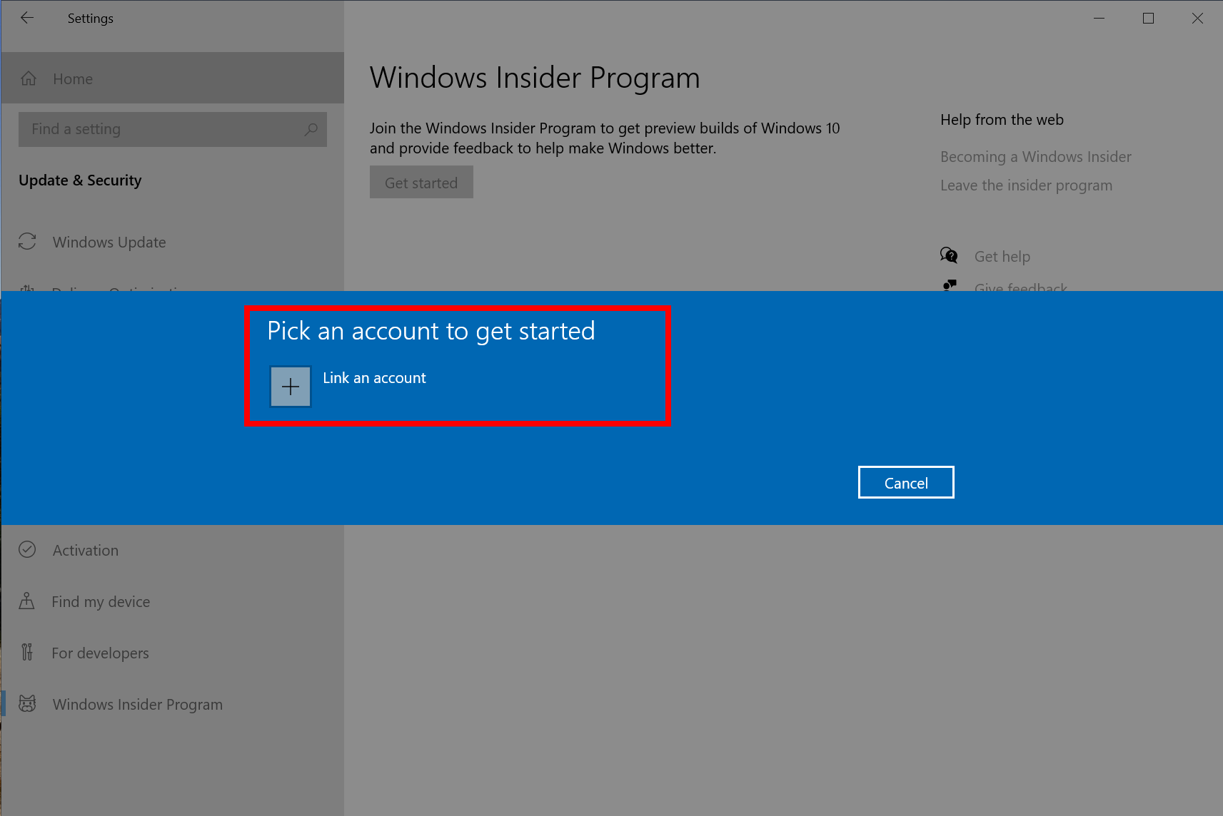 Step 2: Link your Microsoft account or Azure Active Directory account. This is the email account you used to register for the Windows Insider Program.