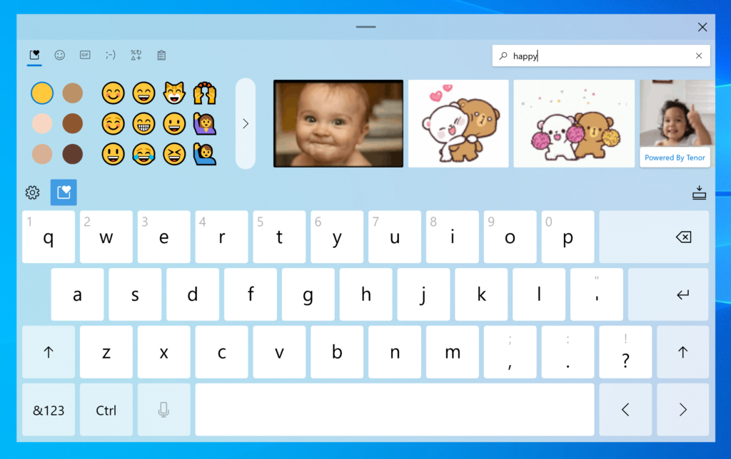 The redesigned touch keyboard offers quick access to emoji and animated GIFs so you and express yourself any way you like while typing in Windows.
