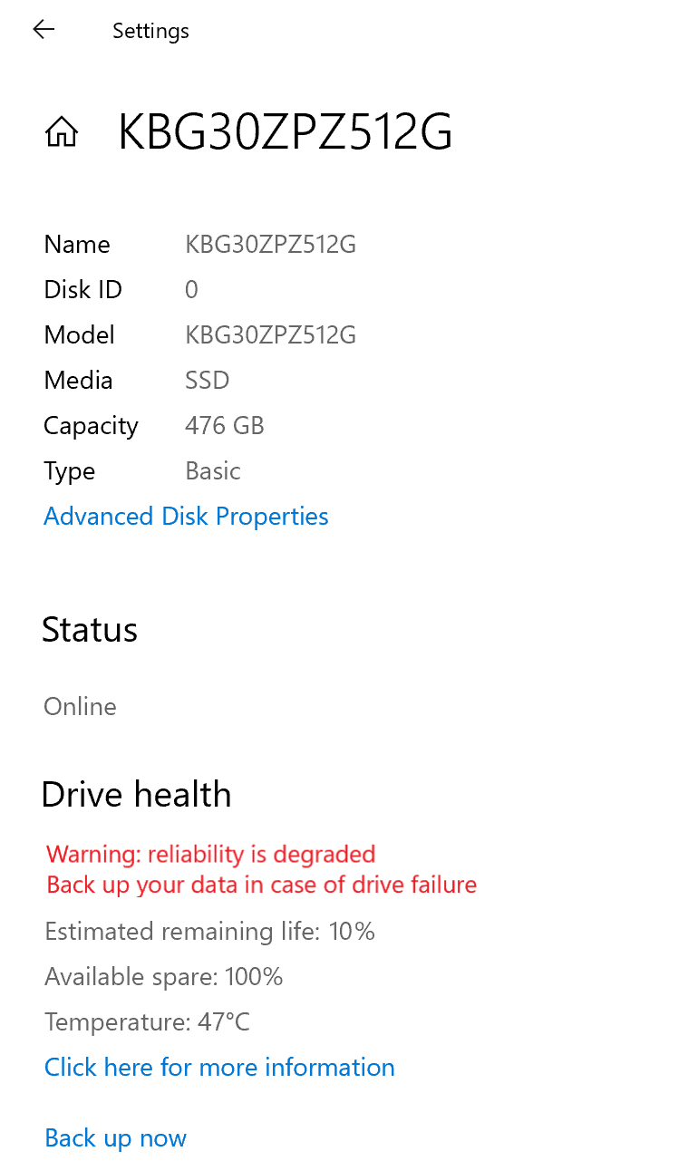 NVMe SSD properties page in Storage Settings, emphasis on the Drive health section, showing a drive health warning. 