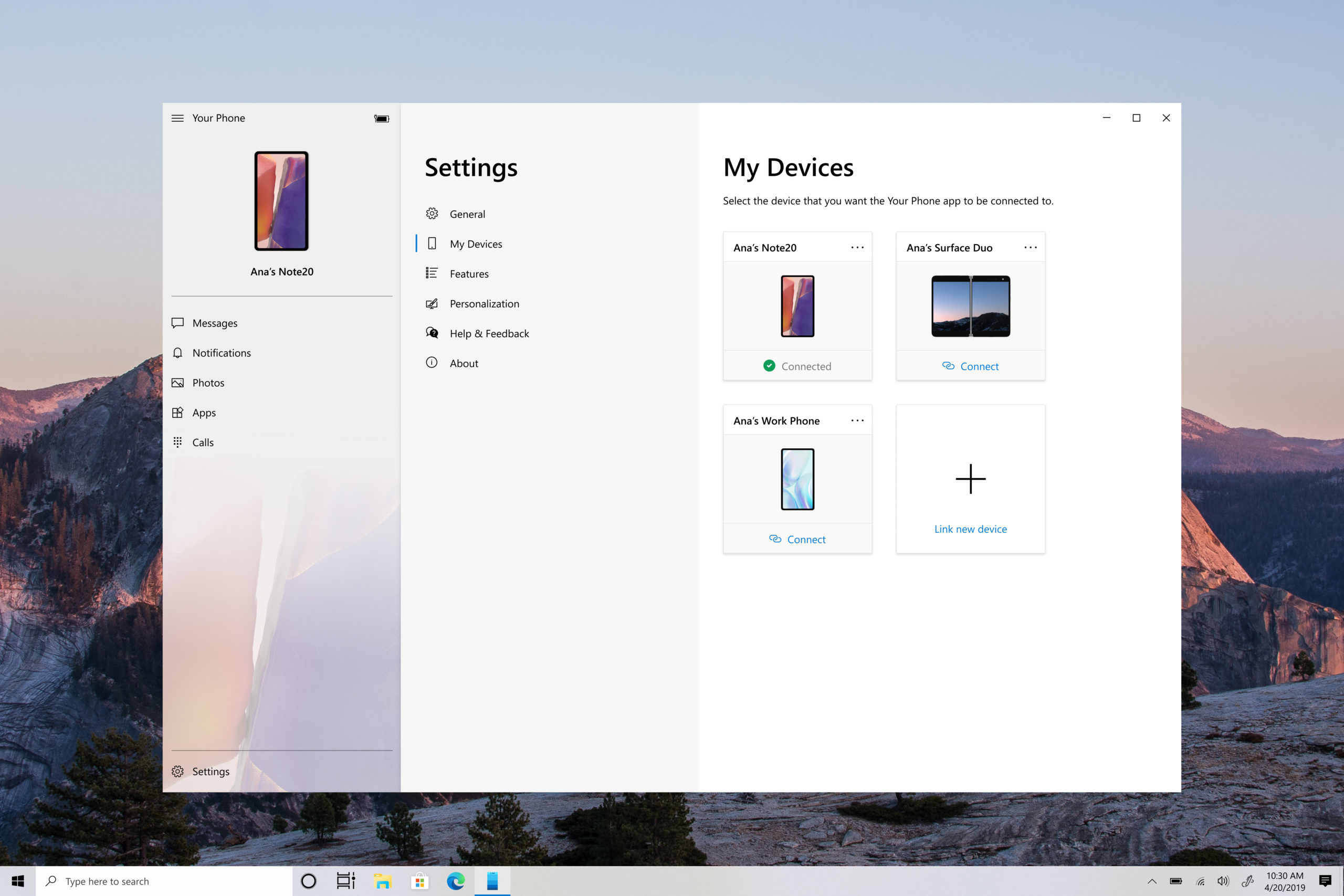 Image of the Your Phone app displaying the new my devices section of settings.