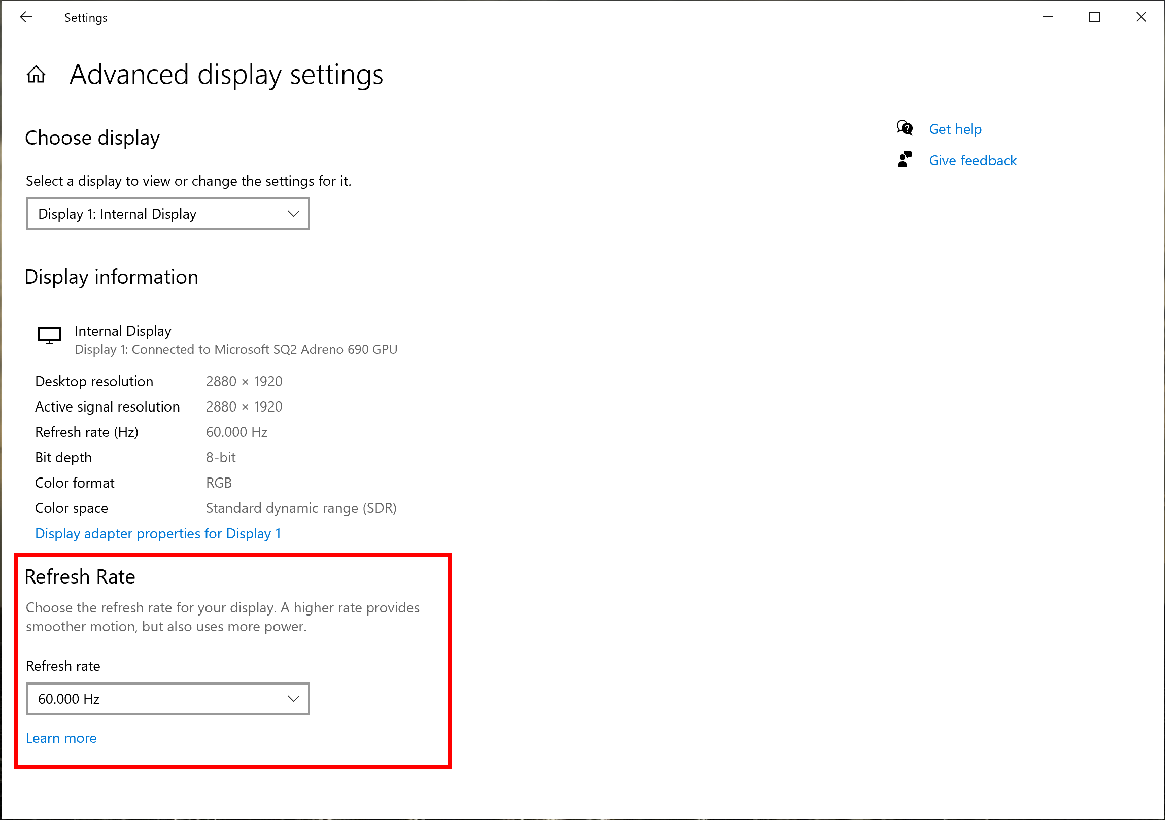 Showing the new refresh rate dropdown in Advanced Display Settings.