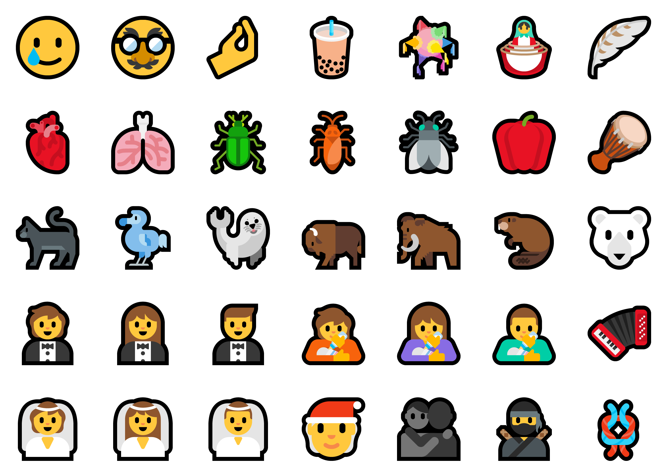 Showing an array of the new emoji that will be added, including ninja, bubble tea, face wearing a disguise, and smiling face with a tear.