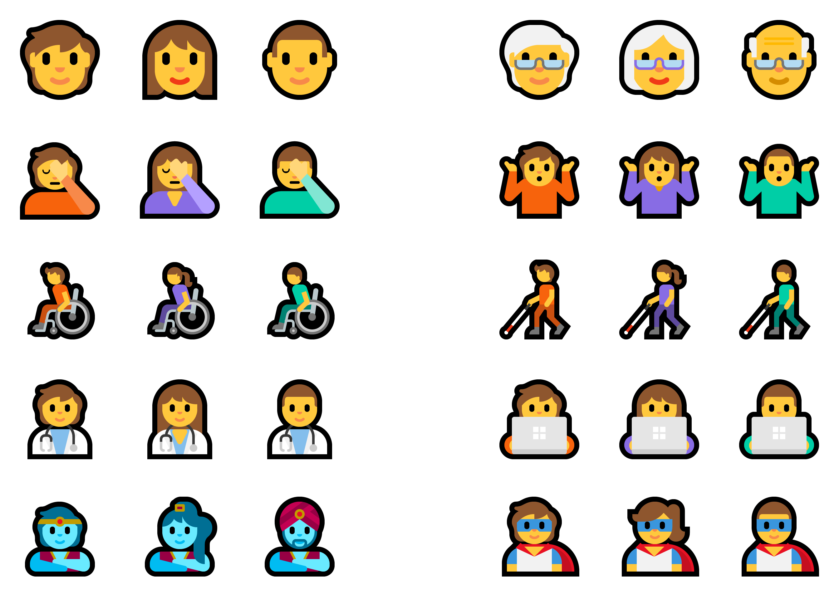 Displaying 3 versions (male, female, and gender-neutral) of various emoji (genie, superhero, person shrugging, etc.).