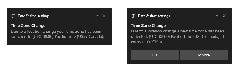 Displaying examples of the two possible time zone notifications.