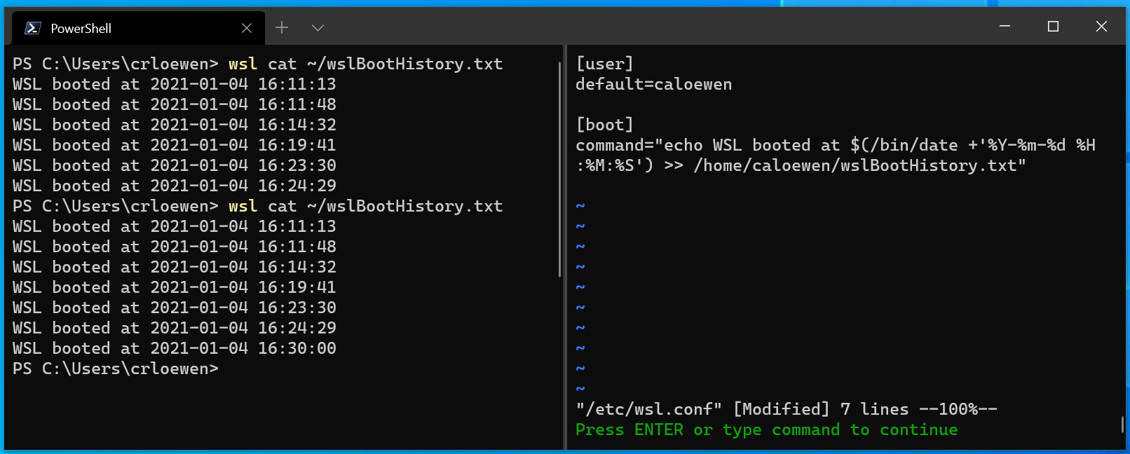 A screenshot of Windows Terminal displaying a user interacting with WSL.