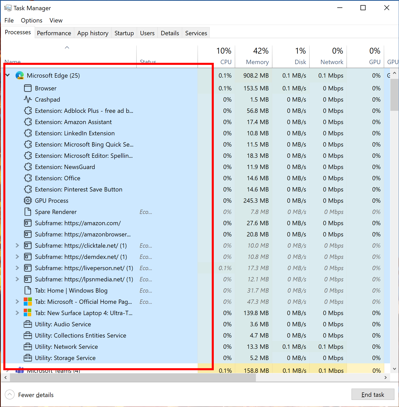 Showing Microsoft Edge process classification support in Task Manager.