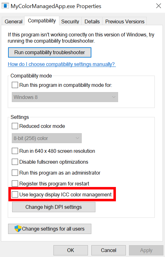 Application Properties window. HDR ICC compatibility tool can be enabled on the Compatibility tab, under Settings, by checking the “Use legacy display ICC color management” checkbox.