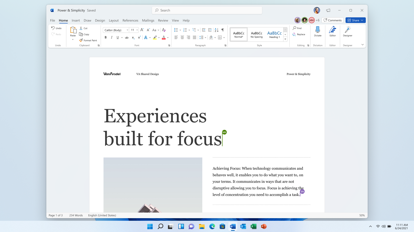 The new visual design of Office on Windows 11.