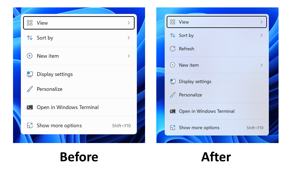 The new Windows 11 context menus before acrylic and after.