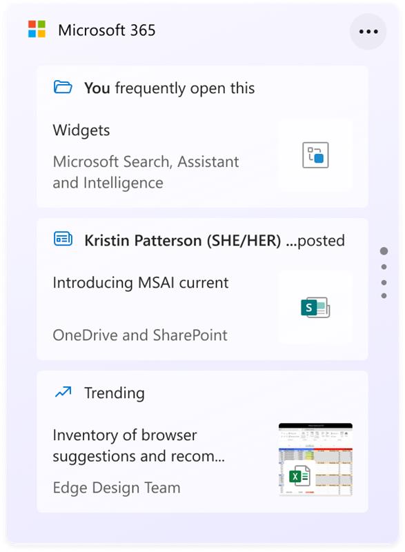 The new Microsoft 365 widget, with “you frequently open this” and “trending” files.