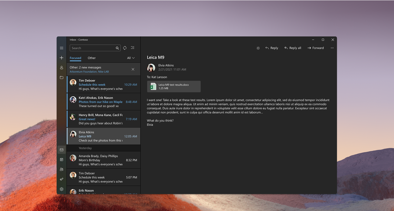 Mail app with new Windows 11 visuals in dark mode. 
