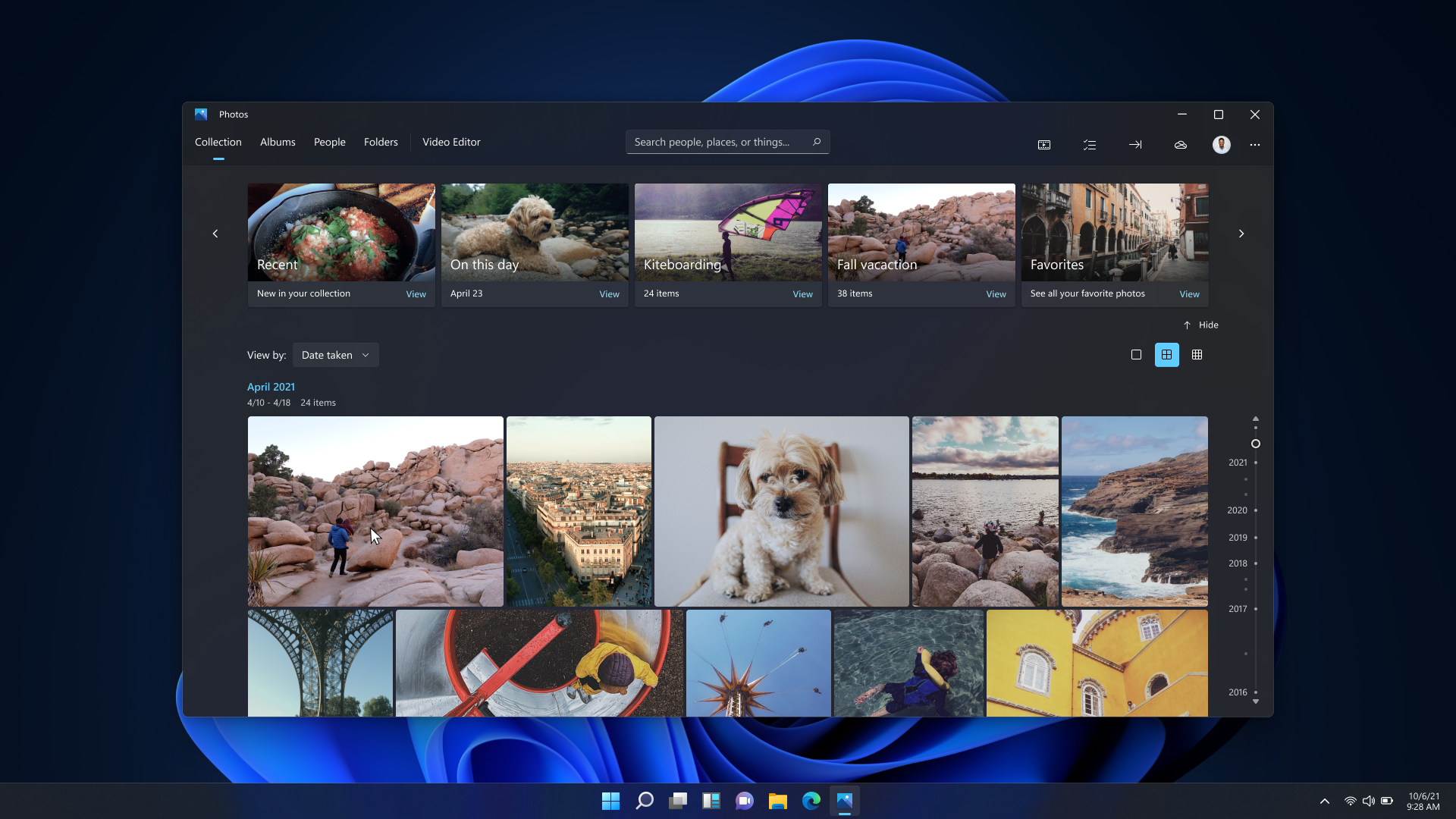 The beautiful new design of the Photos app on Windows 11 in dark mode.