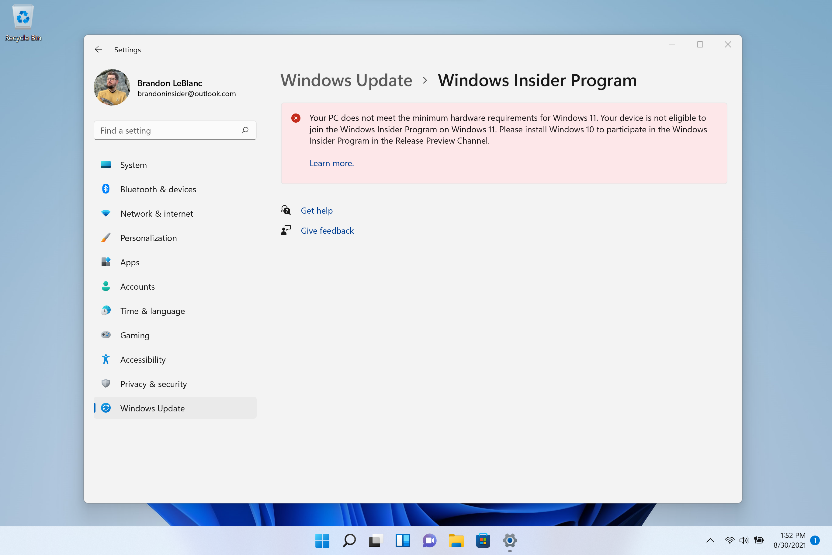 Notice on Windows Insider Program settings page on PCs that were given an exception to install Windows 11 previews on June 24th.