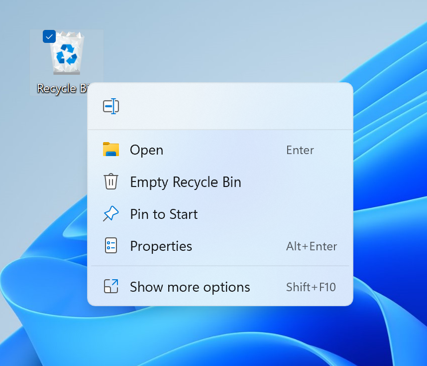 New modern context menu when you right-click on Recycle Bin on your desktop.