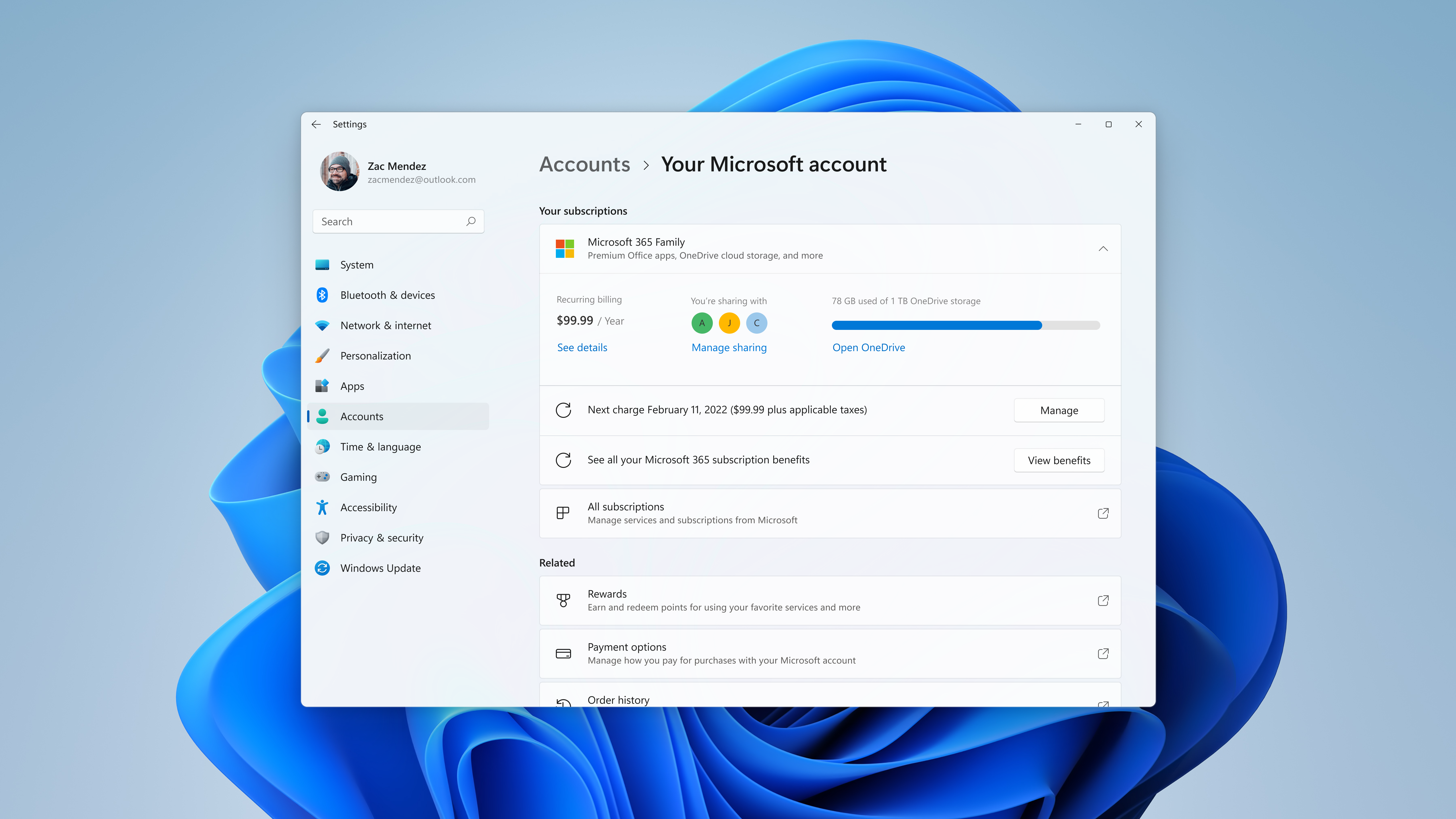 The new Your Microsoft account settings page.