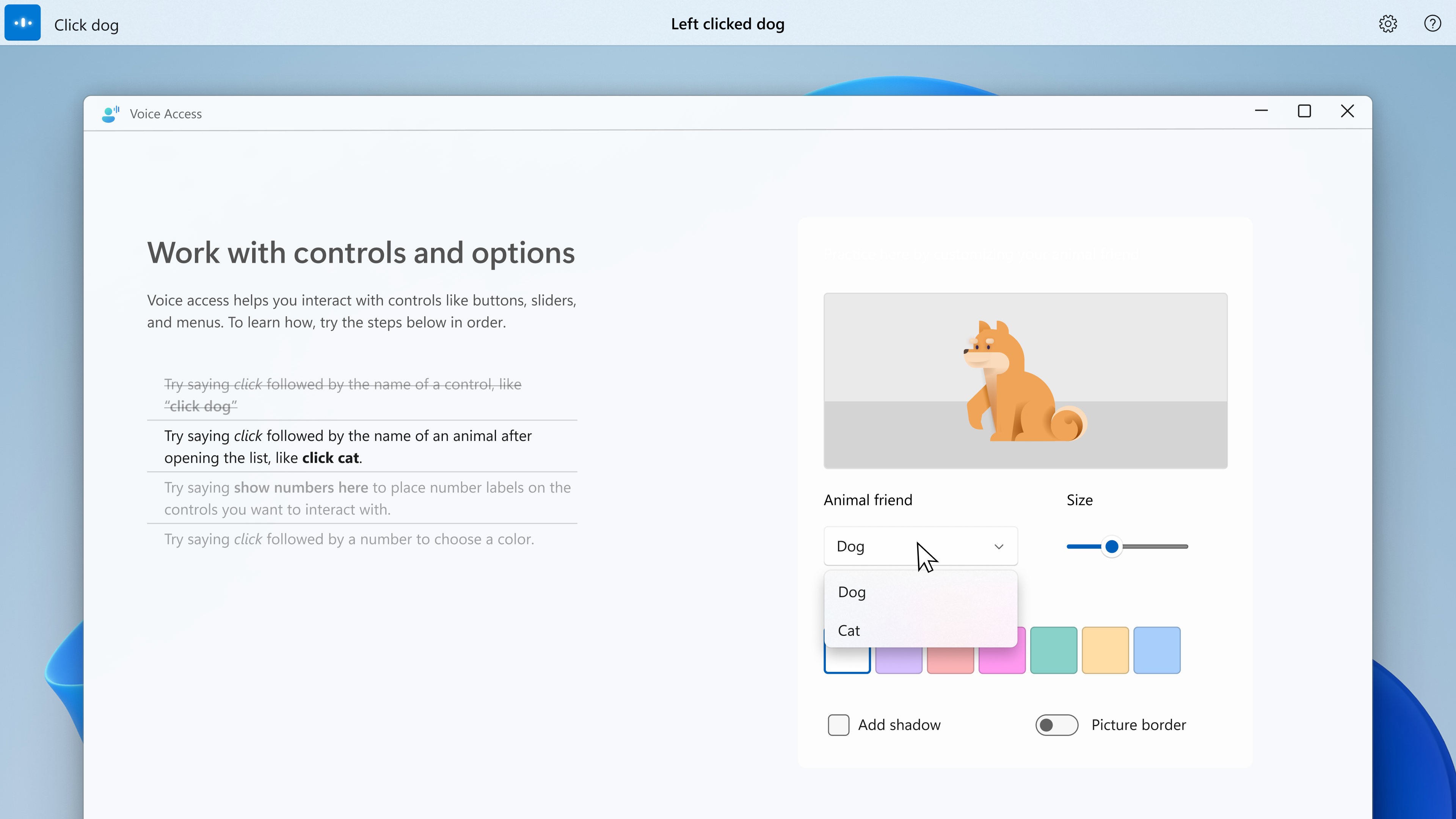 Interactive guide showing the page titled "working with controls and options with instructions on the left and practice area on the right.