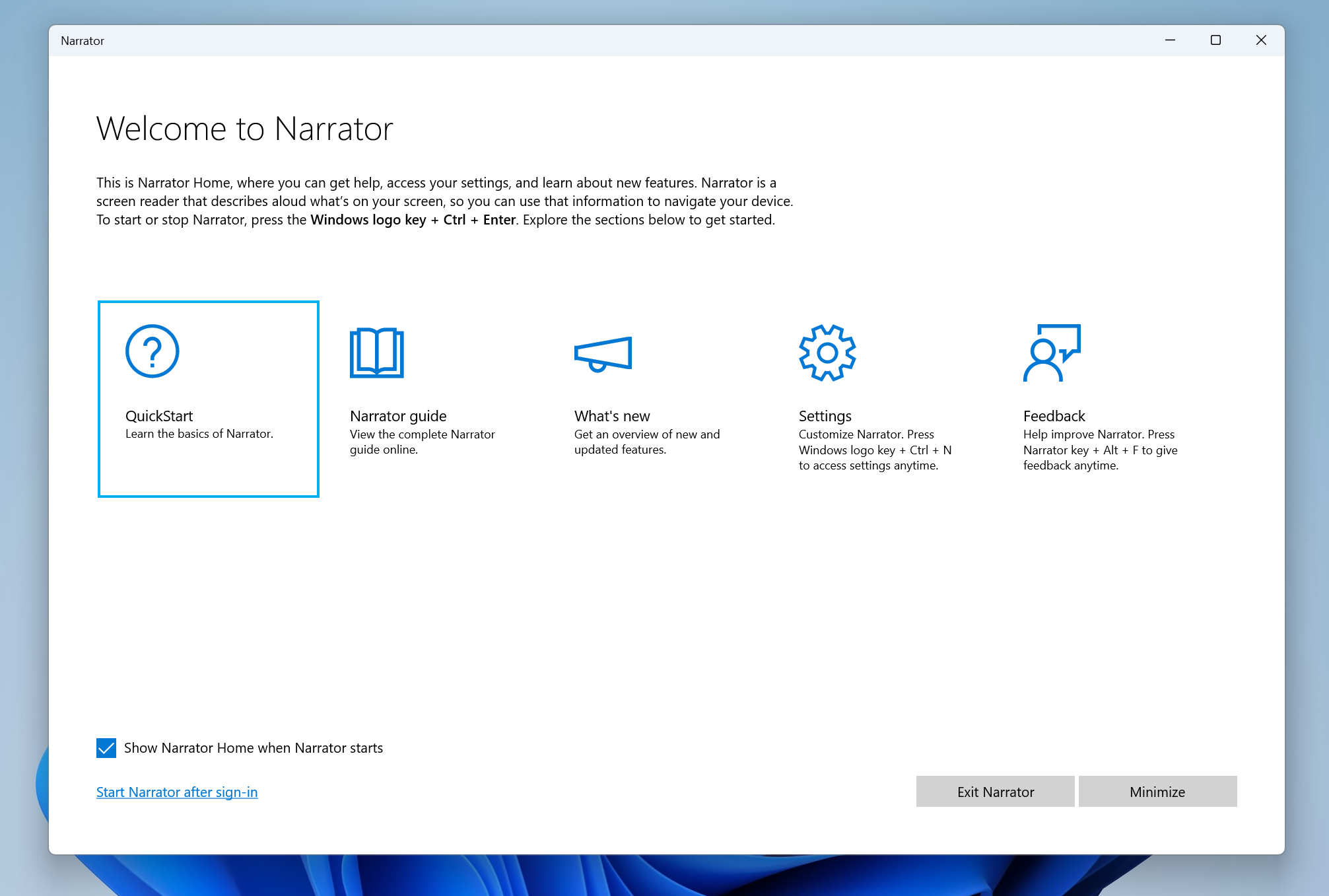 Startseite der Sprachausgabe in Windows 11.