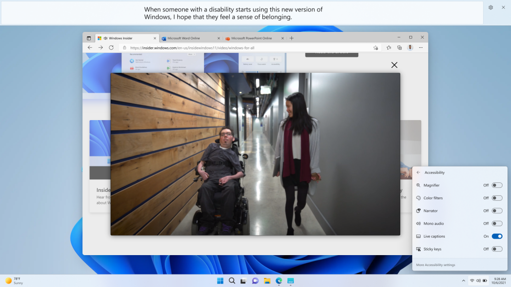 Sottotitoli in tempo reale (avviati dal riquadro a comparsa Accessibilità Impostazioni rapide) che generano sottotitoli per un video riprodotto nel browser web.