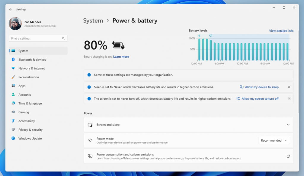 Power saving recommendations shown in Settings to help reduce carbon emissions to those with Sleep and Screen off set to Never.