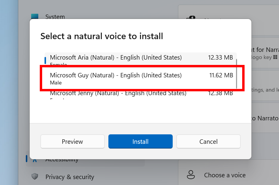 Narrator now provides a new male natural voice called Guy to download in Windows 11