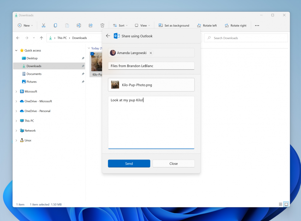 Partagez un fichier local via Outlook dans l'explorateur de fichiers et composez un e-mail sans quitter la fenêtre de partage.