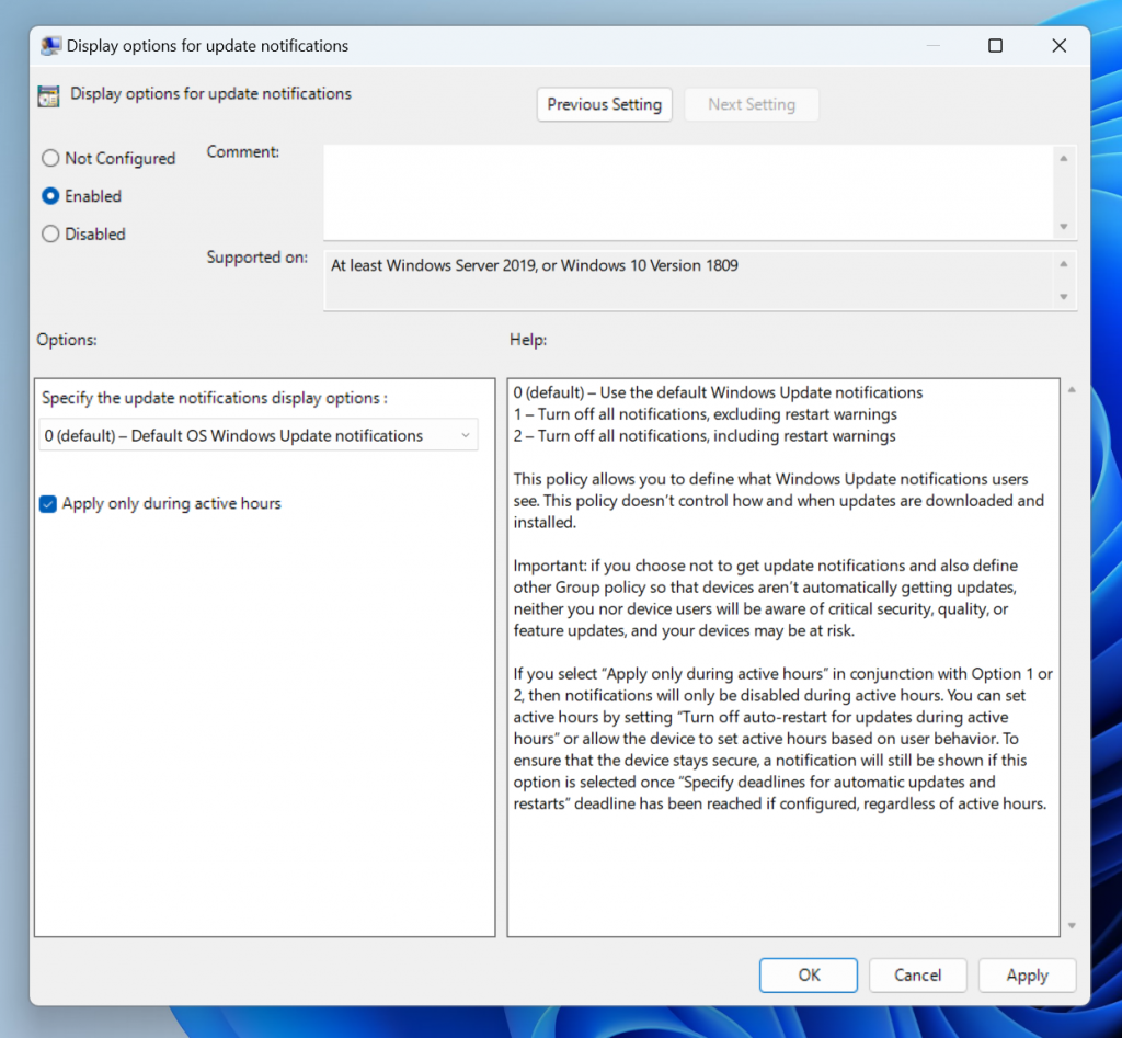 The new group policy for managing Windows Update notifications as shown in the group policy editor.