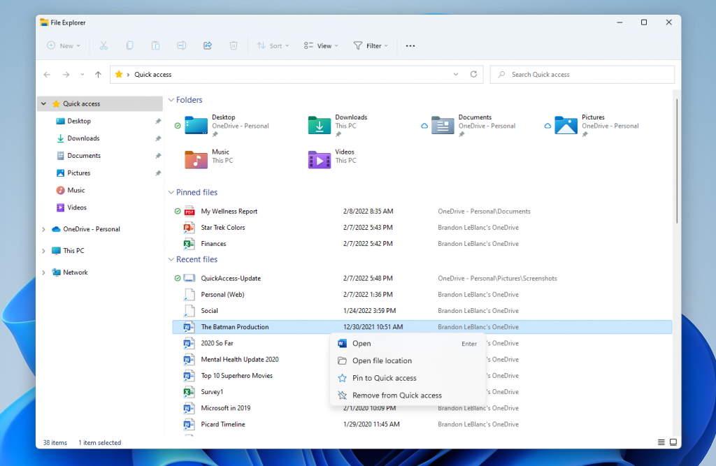 El acceso rápido en el Explorador de archivos ahora admite la fijación de archivos y mostrará los archivos alojados en OneDrive, SharePoint y Teams.